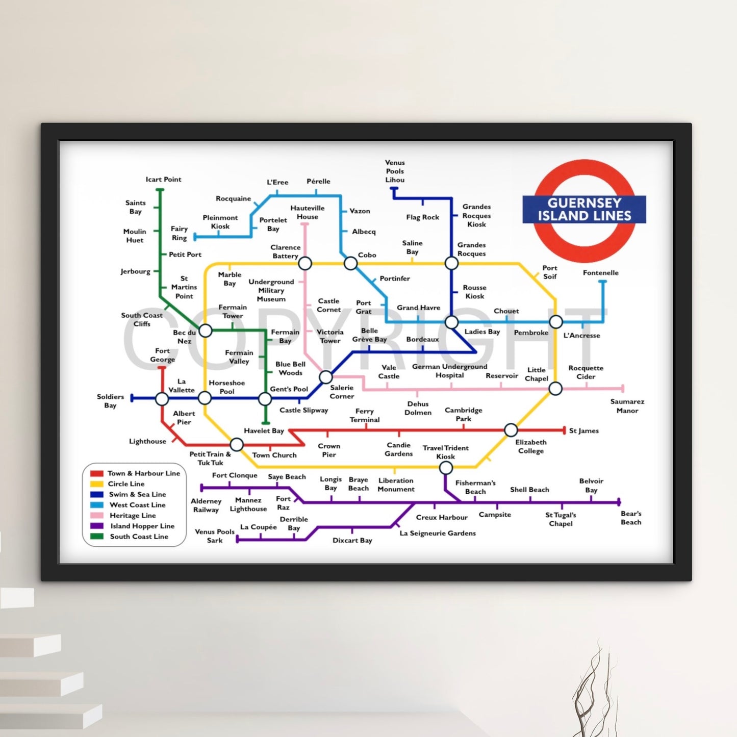 Guernsey Island Lines Map (Personalised prints also available)