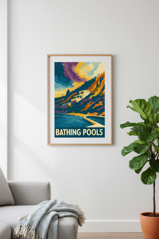 Bathing Pools print framed on wall