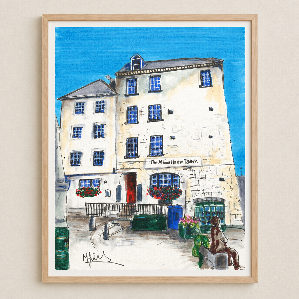 Albion House Tavern art print displayed in a light natural wood frame with a thin white mat on a wall