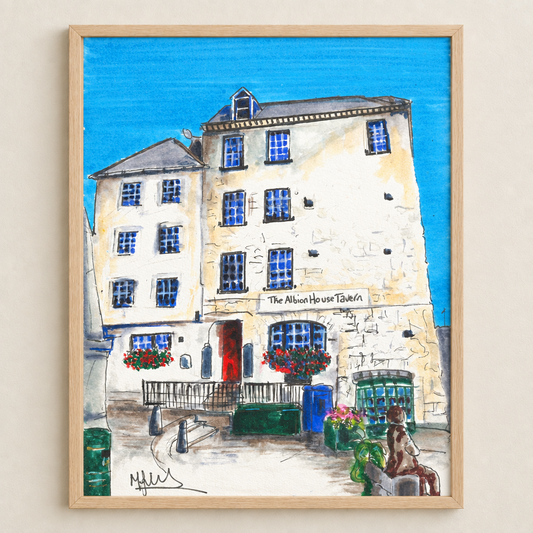 Albion House Tavern print displayed in a light natural wood frame with the artwork going to the frame edge and no white border