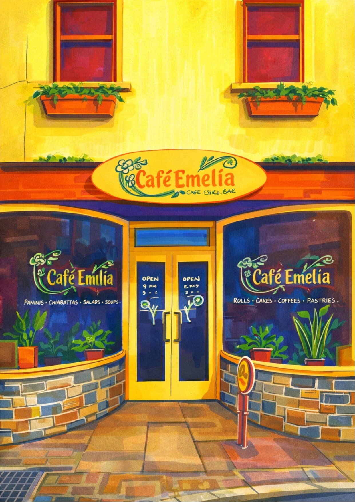 Retro Travel Poster Art - Cafe Emelia