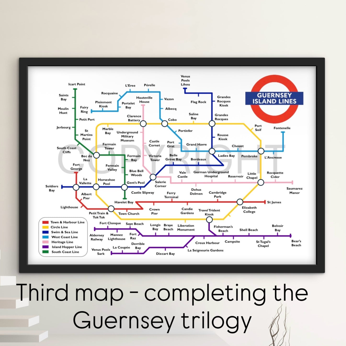 Guernsey Island Lines Map (Personalised prints also available)