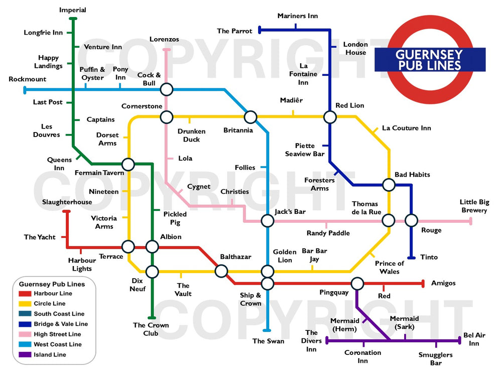 Guernsey Pub Lines Map (personalised prints also available ...