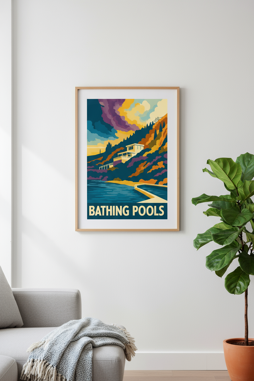 Bathing Pools print framed on wall