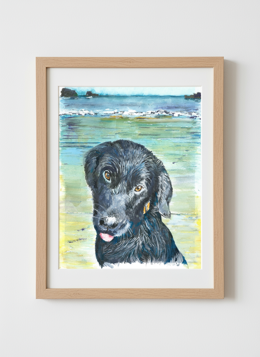 Black Lab on Beach print framed close-up