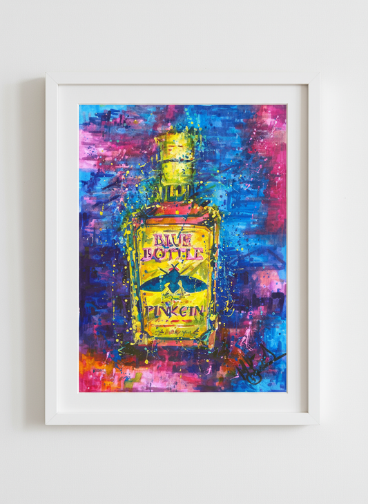 Blue Bottle Pink Gin print framed close-up