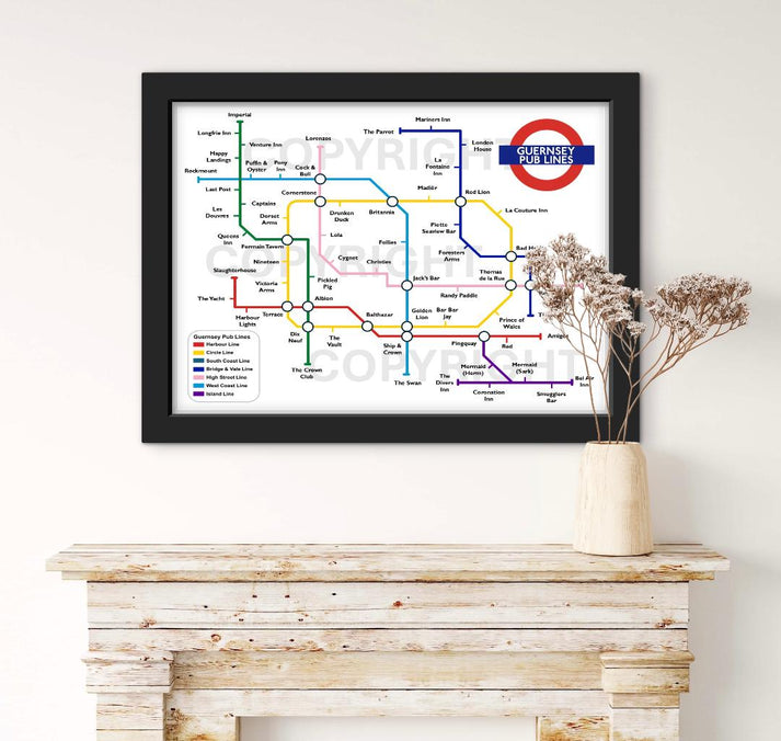 Guernsey Pub Lines Map (personalised prints also available ...