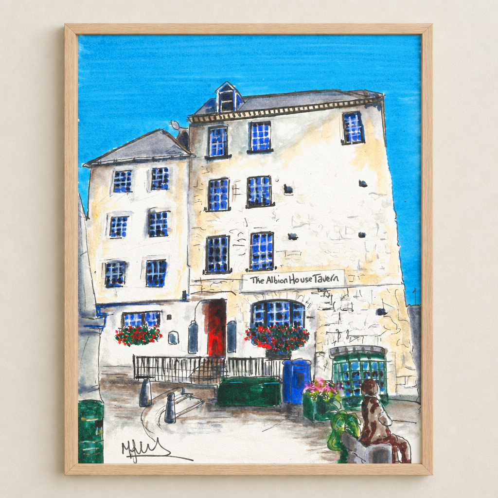 Albion House Tavern print displayed in a light natural wood frame with the artwork going to the frame edge and no white border