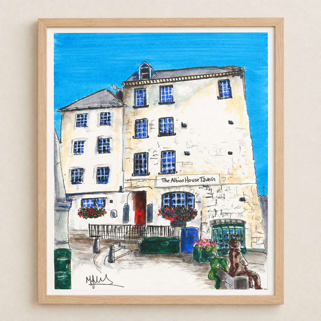 Albion House Tavern print displayed in a light natural wood frame with a 1 cm white border around the artwork